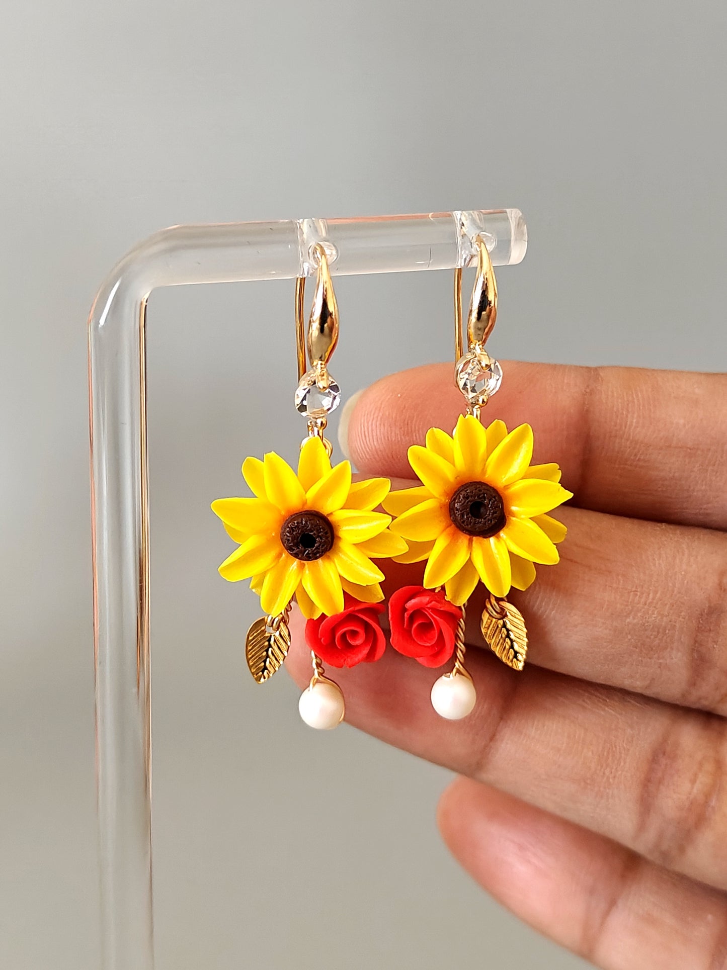 Handmade Sunflower and Rose Earrings with Pearl Drop | Floral Dangle Earrings