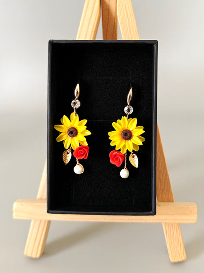 Handmade Sunflower and Rose Earrings with Pearl Drop | Floral Dangle Earrings