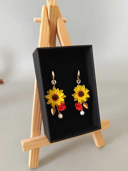 Handmade Sunflower and Rose Earrings with Pearl Drop | Floral Dangle Earrings