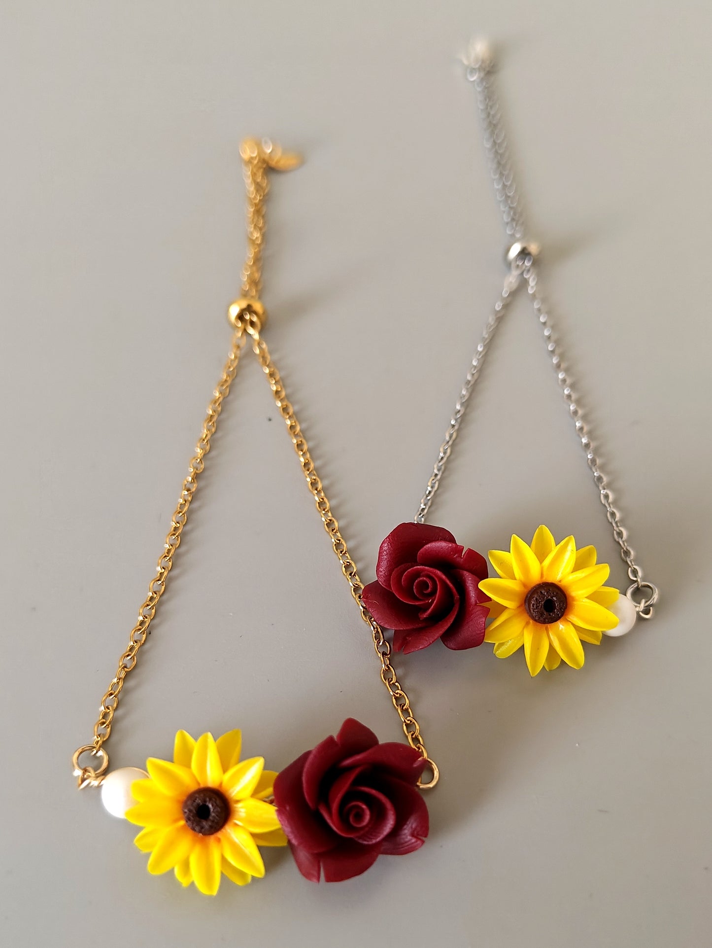 Handmade Sunflower and Burgundy Rose Bracelet