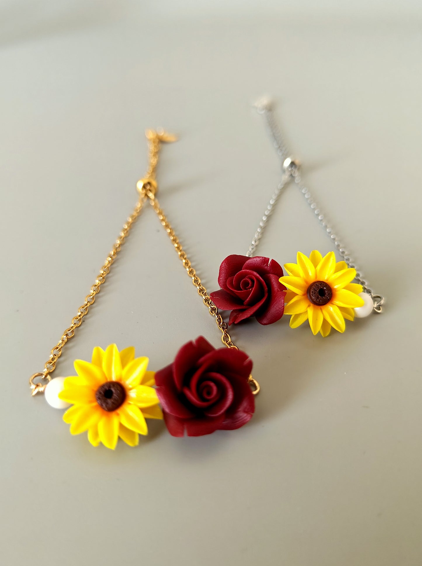 Handmade Sunflower and Burgundy Rose Bracelet