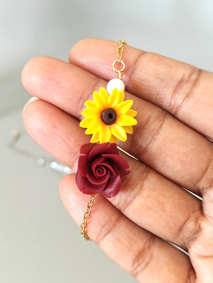 Handmade Sunflower and Burgundy Rose Bracelet