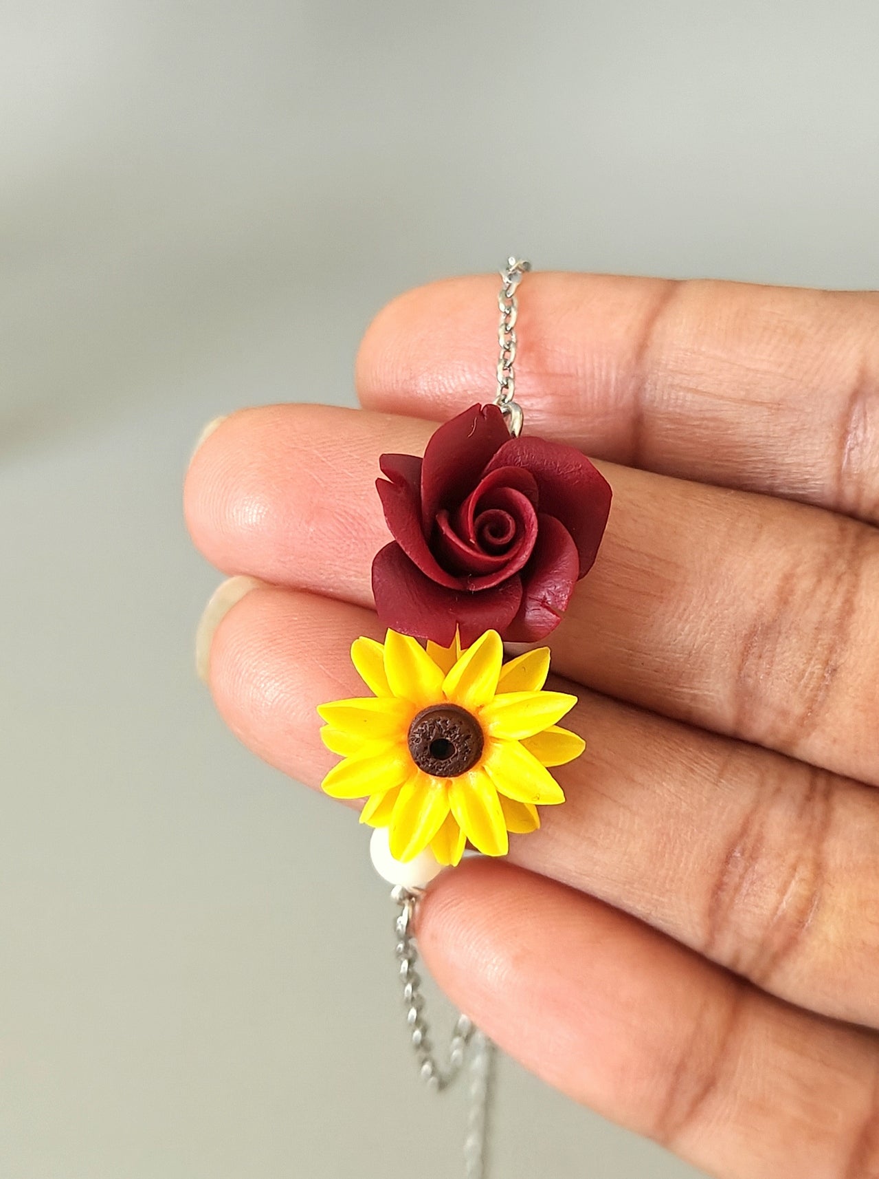 Handmade Sunflower and Burgundy Rose Bracelet