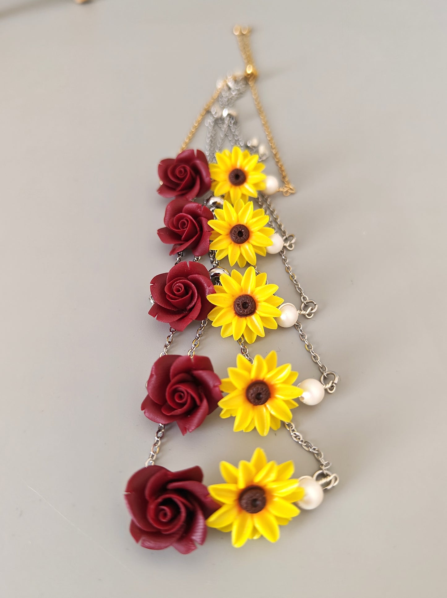 Handmade Sunflower and Burgundy Rose Bracelet