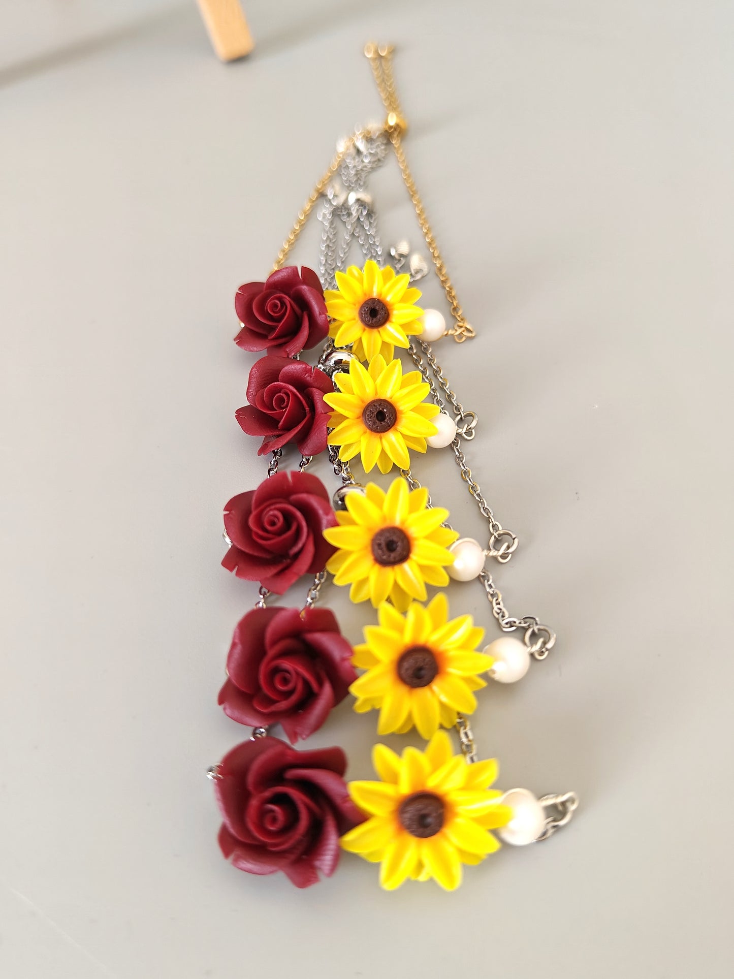 Handmade Sunflower and Burgundy Rose Bracelet