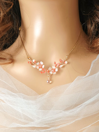 Pink Blossom Floral Jewelry Set – Handmade Dainty Necklace & Earrings for Women - Cherry Blossom Jewelry Set