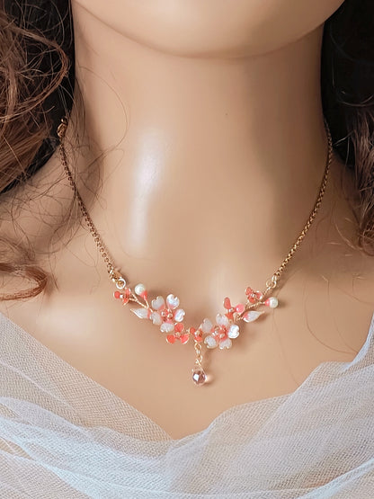 Pink Blossom Floral Jewelry Set – Handmade Dainty Necklace & Earrings for Women - Cherry Blossom Jewelry Set