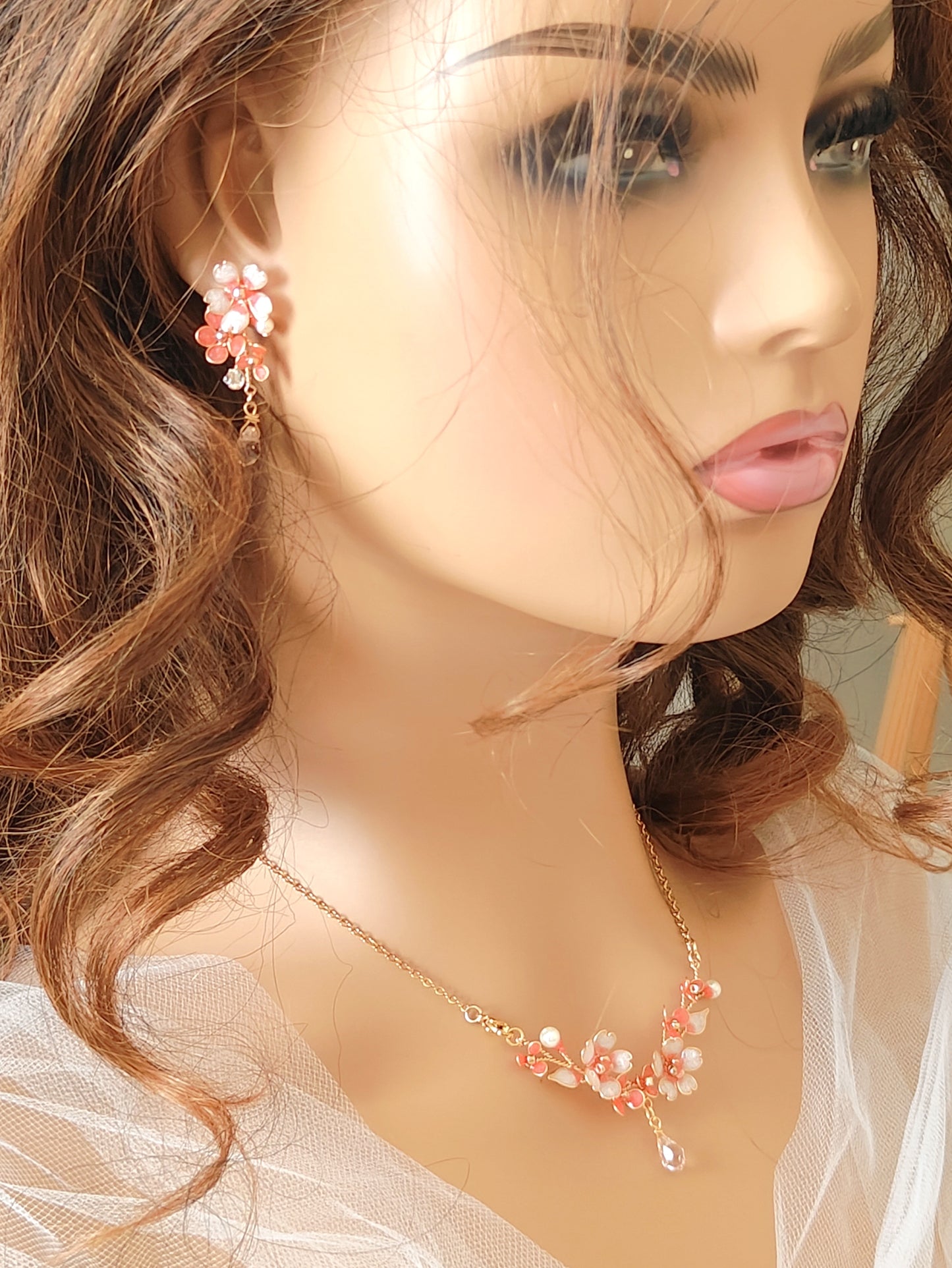 Pink Blossom Floral Jewelry Set – Handmade Dainty Necklace & Earrings for Women - Cherry Blossom Jewelry Set