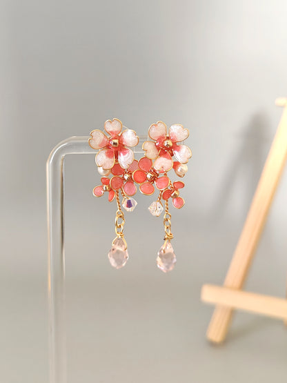 Pink Blossom Floral Jewelry Set – Handmade Dainty Necklace & Earrings for Women - Cherry Blossom Jewelry Set