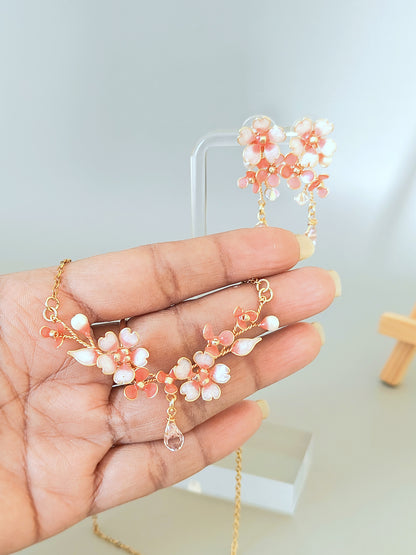 Pink Blossom Floral Jewelry Set – Handmade Dainty Necklace & Earrings for Women - Cherry Blossom Jewelry Set
