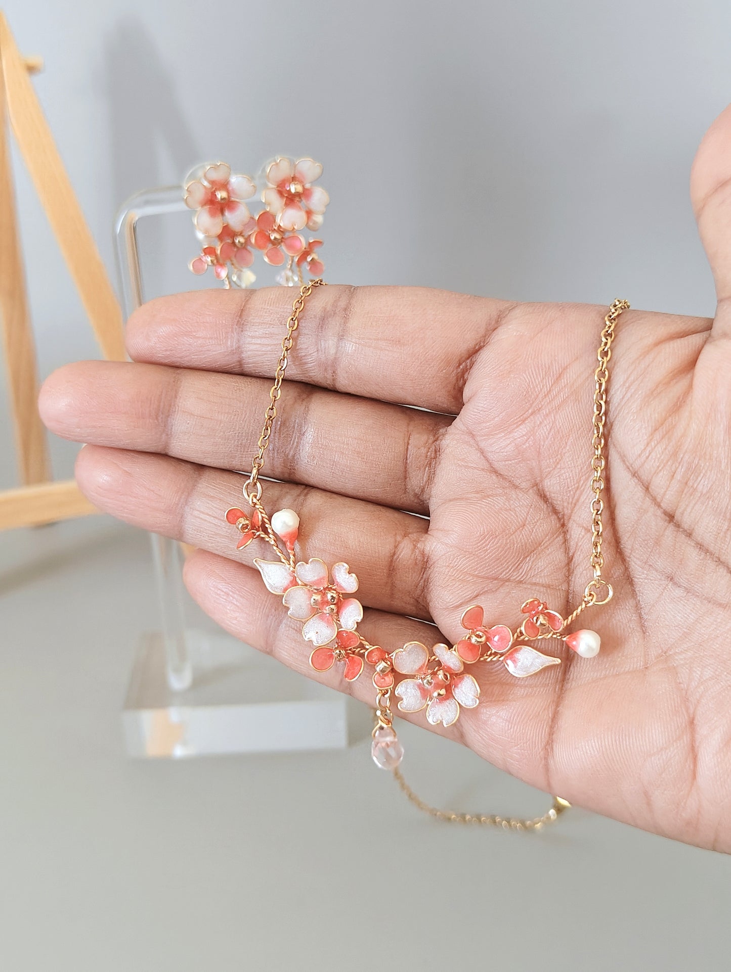 Pink Blossom Floral Jewelry Set – Handmade Dainty Necklace & Earrings for Women - Cherry Blossom Jewelry Set