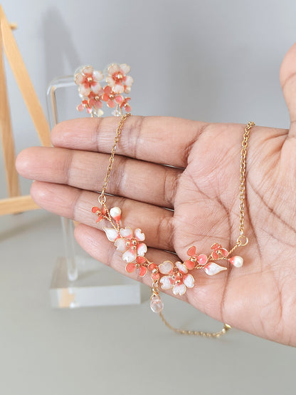Pink Blossom Floral Jewelry Set – Handmade Dainty Necklace & Earrings for Women - Cherry Blossom Jewelry Set