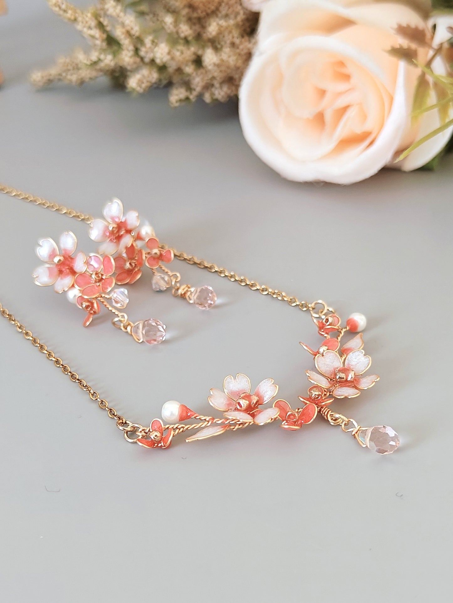 Pink Blossom Floral Jewelry Set – Handmade Dainty Necklace & Earrings for Women - Cherry Blossom Jewelry Set
