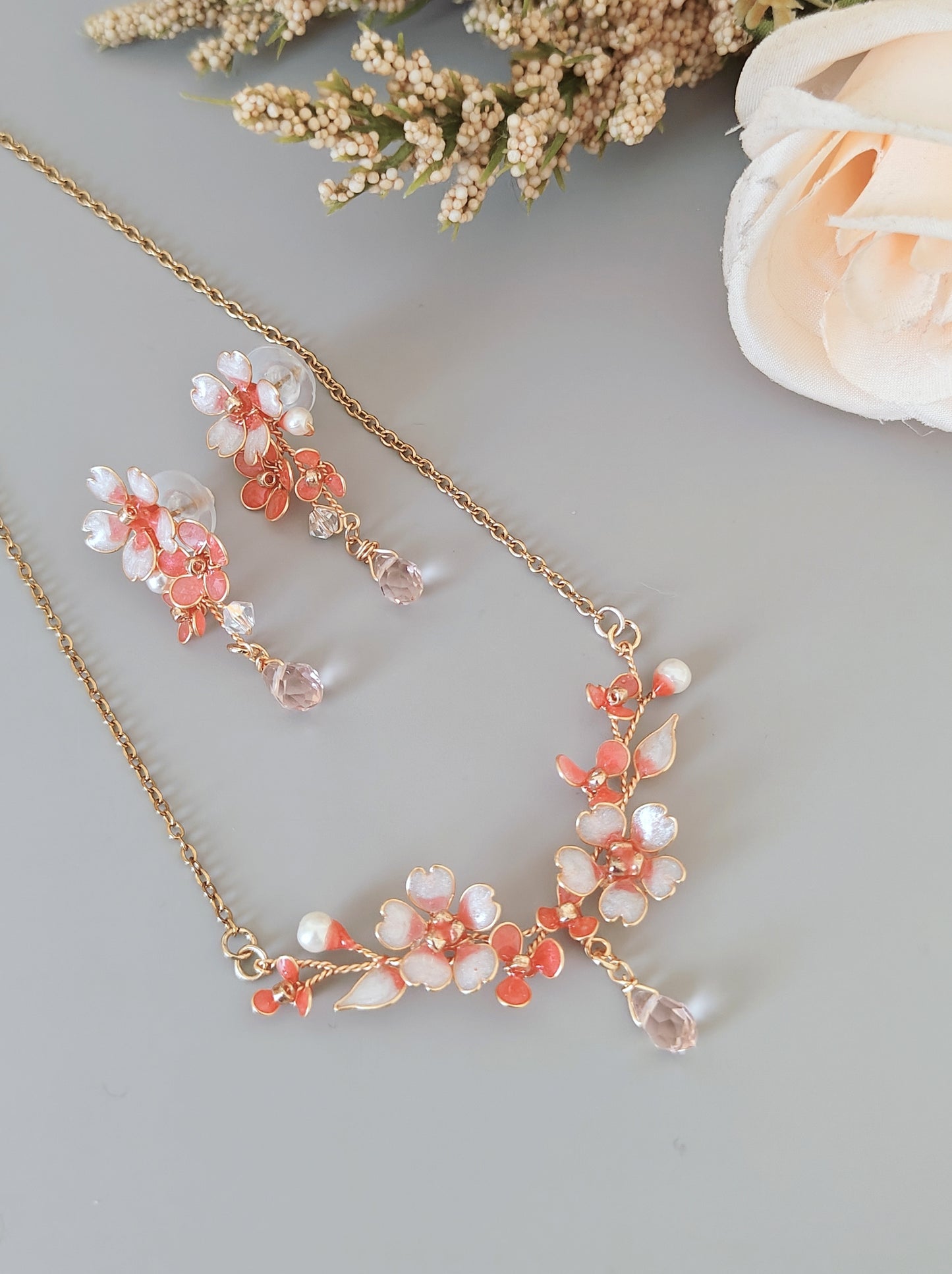 Pink Blossom Floral Jewelry Set – Handmade Dainty Necklace & Earrings for Women - Cherry Blossom Jewelry Set