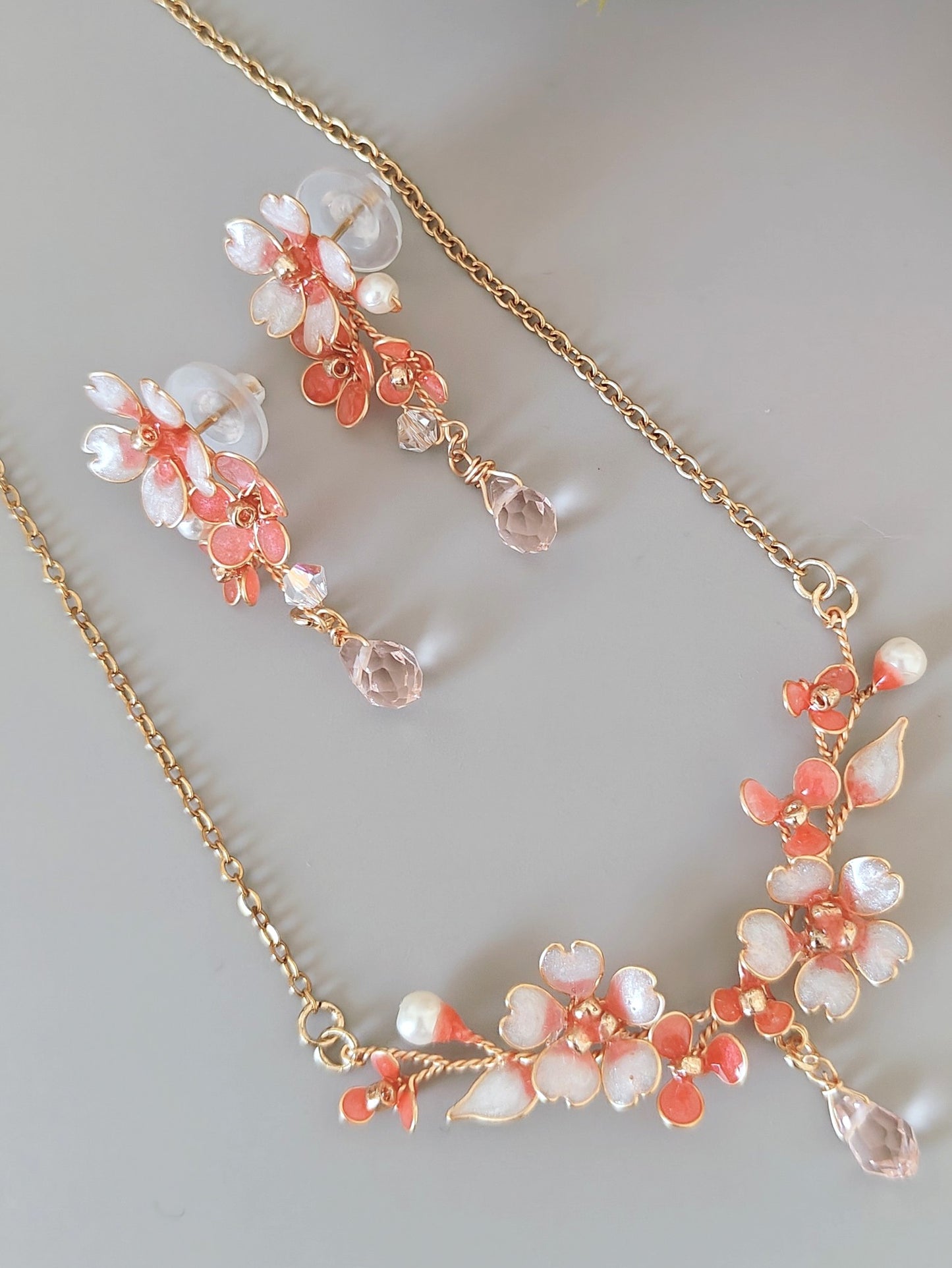 Pink Blossom Floral Jewelry Set – Handmade Dainty Necklace & Earrings for Women - Cherry Blossom Jewelry Set