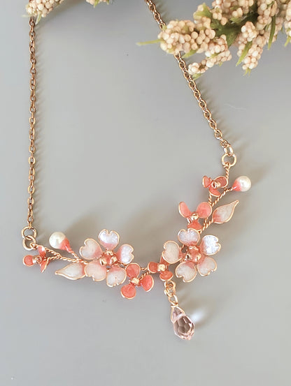 Pink Blossom Floral Jewelry Set – Handmade Dainty Necklace & Earrings for Women - Cherry Blossom Jewelry Set