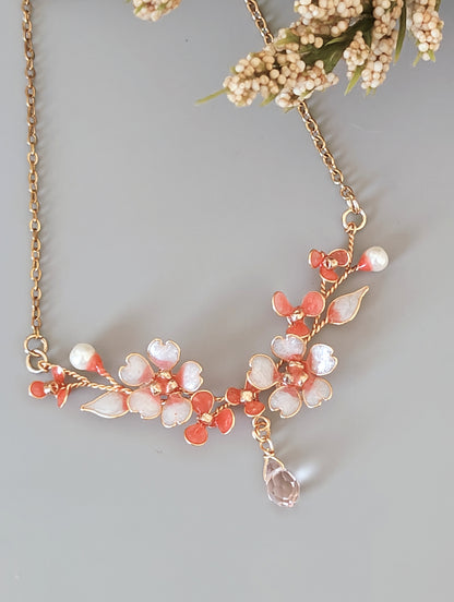 Pink Blossom Floral Jewelry Set – Handmade Dainty Necklace & Earrings for Women - Cherry Blossom Jewelry Set