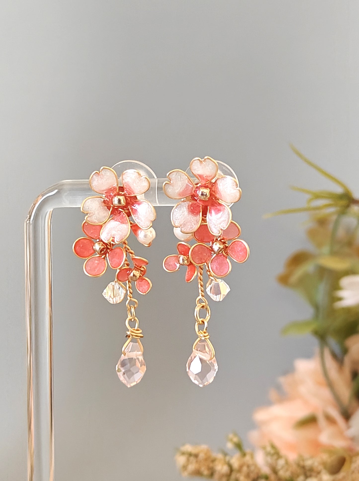 Pink Blossom Floral Jewelry Set – Handmade Dainty Necklace & Earrings for Women - Cherry Blossom Jewelry Set