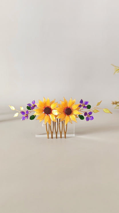 Handmade Sunflower Hair Comb Bridal Hair Piece with purple hydrangea
