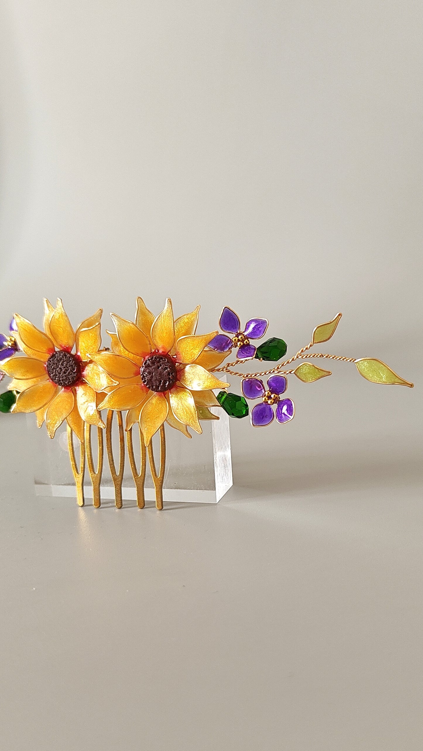 Handmade Sunflower Hair Comb Bridal Hair Piece with purple hydrangea