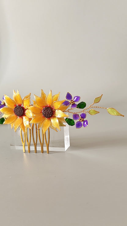 Handmade Sunflower Hair Comb Bridal Hair Piece with purple hydrangea