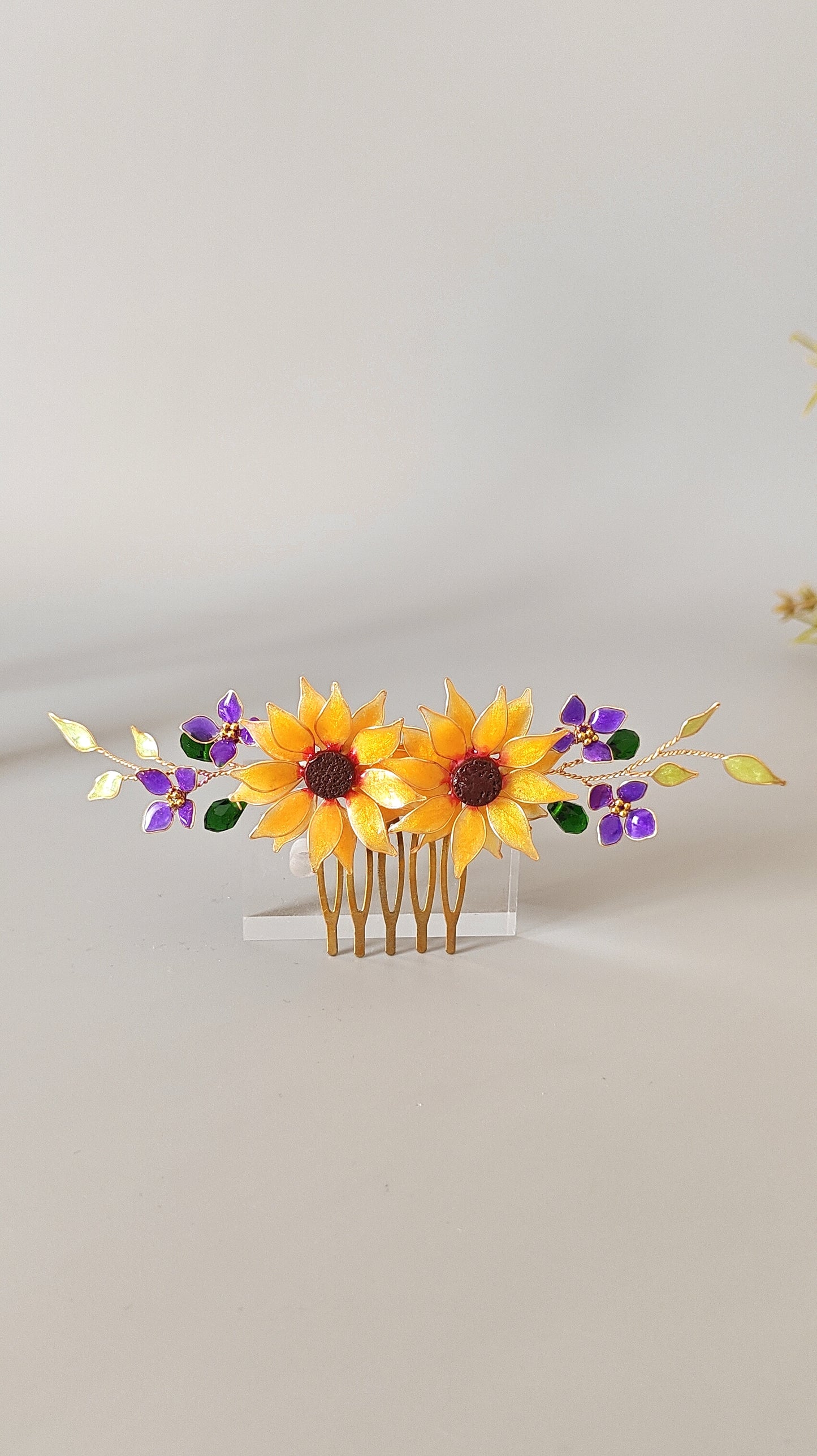 Handmade Sunflower Hair Comb Bridal Hair Piece with purple hydrangea