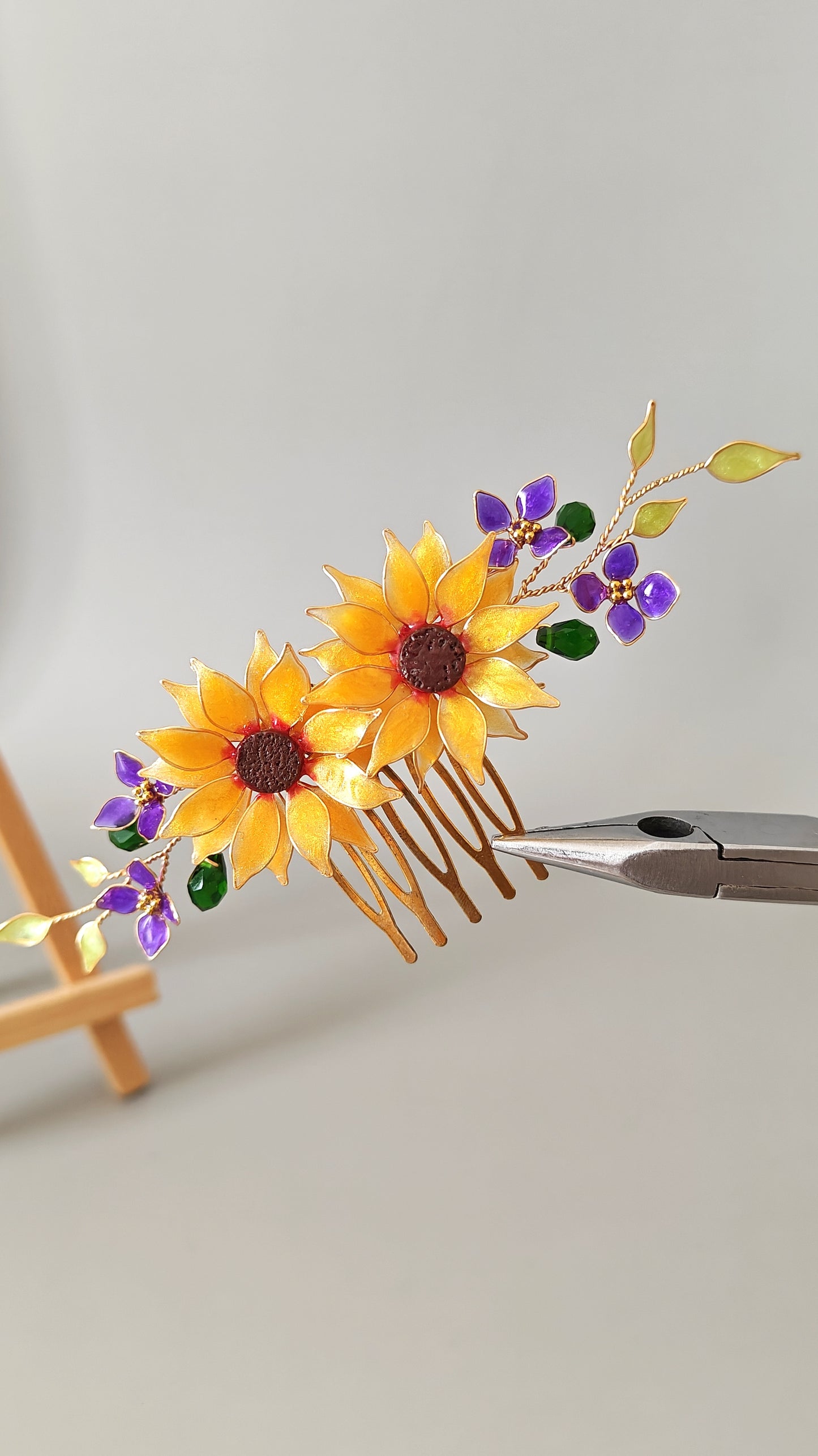 Handmade Sunflower Hair Comb Bridal Hair Piece with purple hydrangea