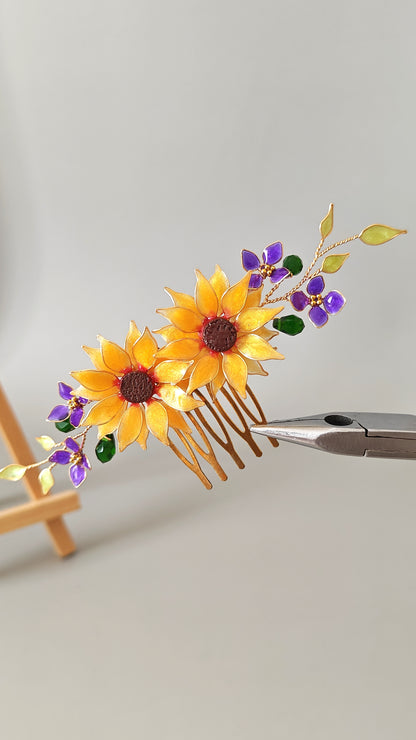 Handmade Sunflower Hair Comb Bridal Hair Piece with purple hydrangea