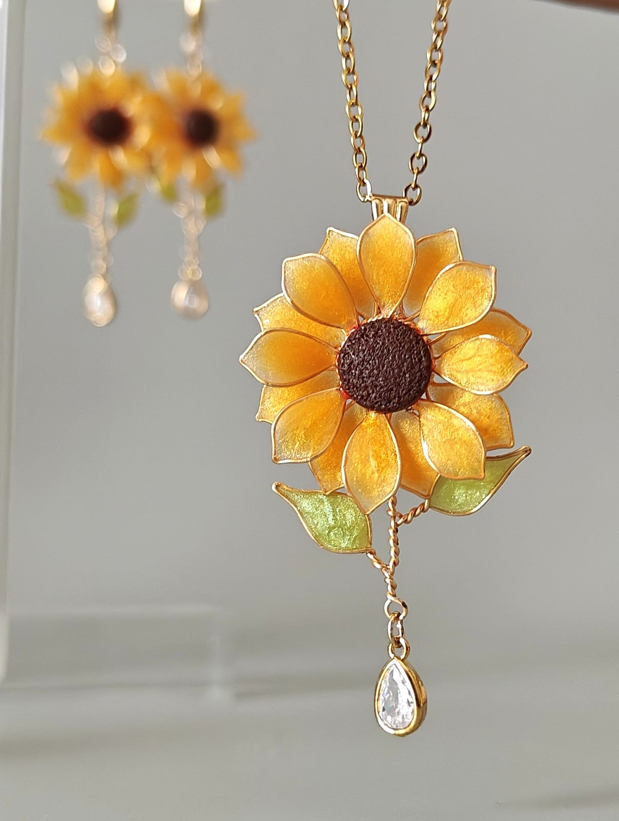 Handmade Sunflower Necklace Resin Jewellery with a Crystal Dangle