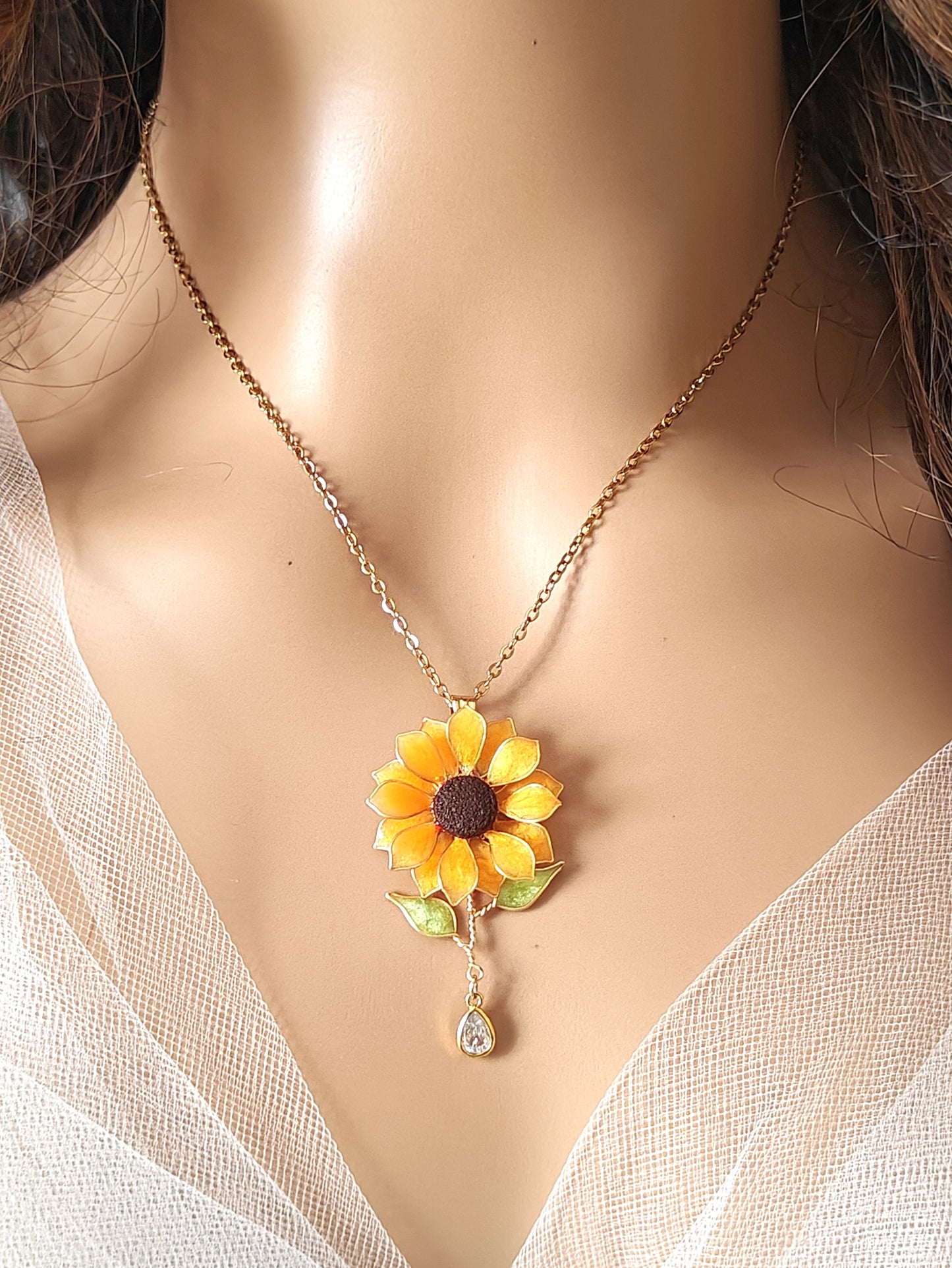 Handmade Sunflower Necklace Resin Jewellery with a Crystal Dangle