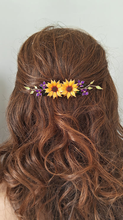 Handmade Sunflower Hair Comb Bridal Hair Piece with purple hydrangea