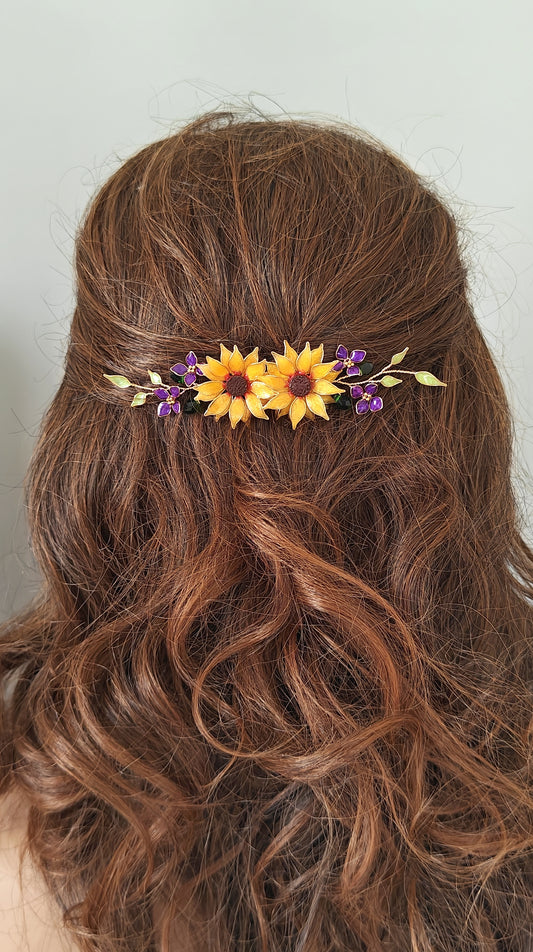 Handmade Sunflower Hair Comb Bridal Hair Piece with purple hydrangea