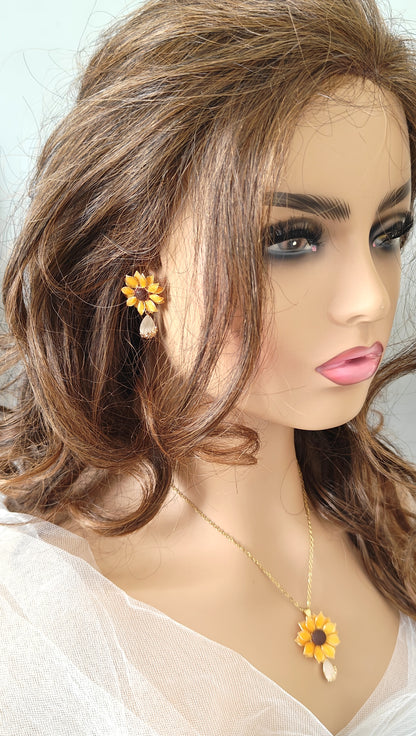 Sunflower Pendant Necklace Dangle Earrings Ring and Hair Piece