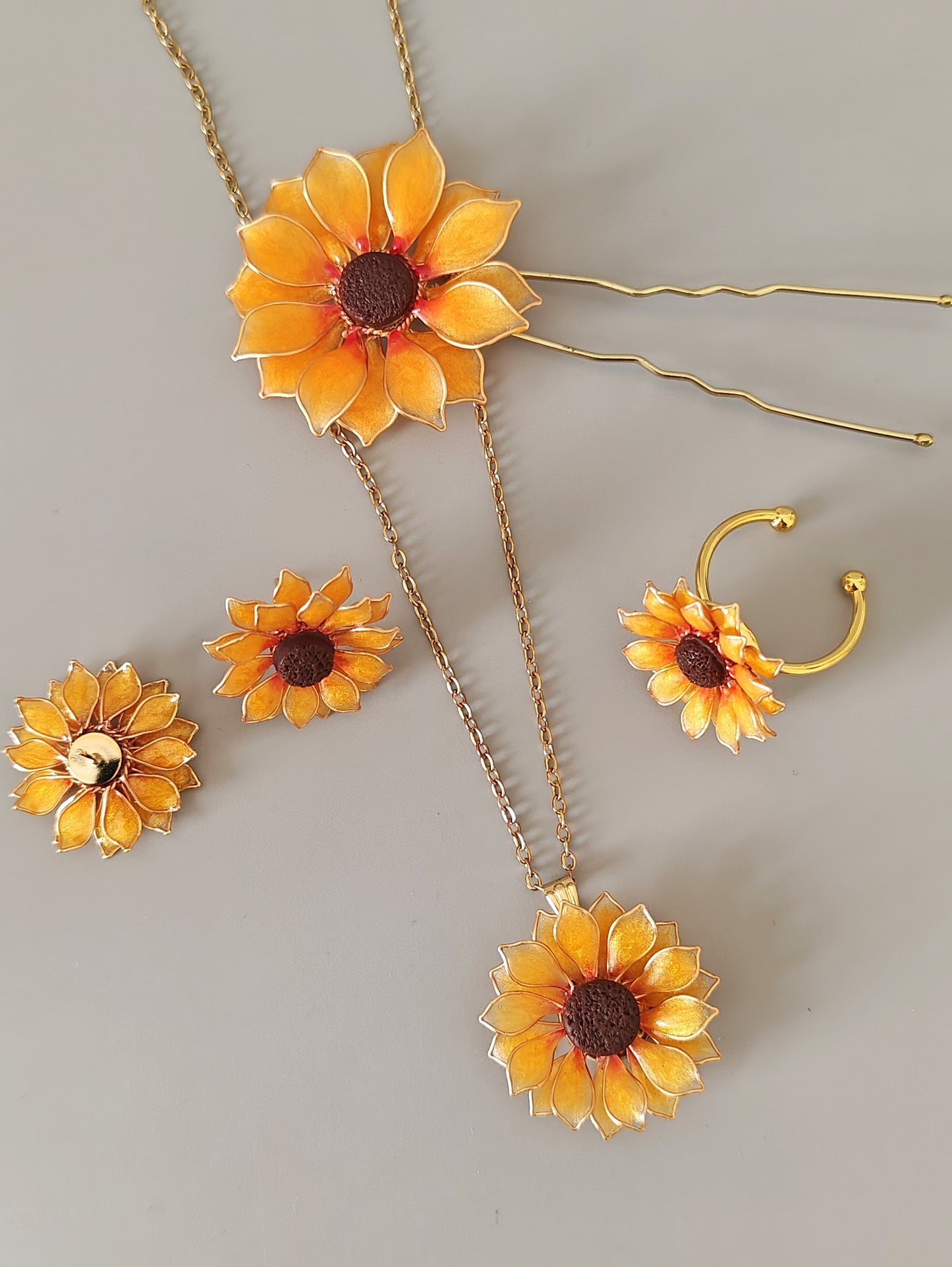 Sunflower Pendant Necklace Studs Ring and Hair Piece