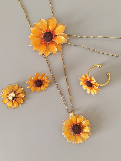 Sunflower Pendant Necklace Studs Ring and Hair Piece