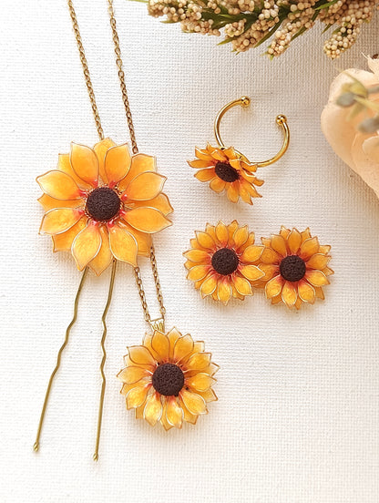 Sunflower Pendant Necklace Studs Ring and Hair Piece