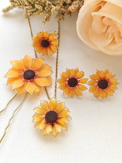 Sunflower Pendant Necklace Studs Ring and Hair Piece
