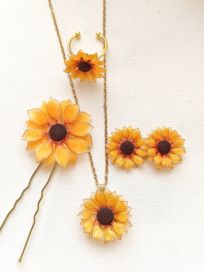 Sunflower Pendant Necklace Studs Ring and Hair Piece
