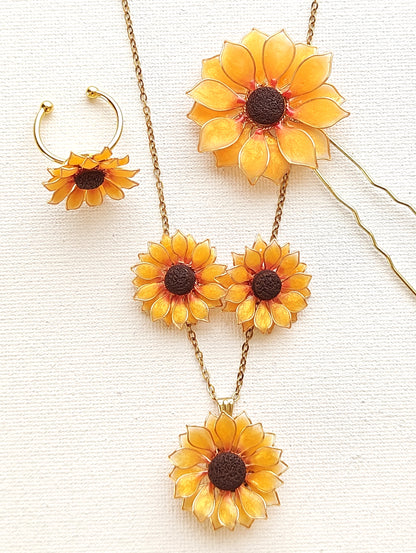 Sunflower Pendant Necklace Studs Ring and Hair Piece