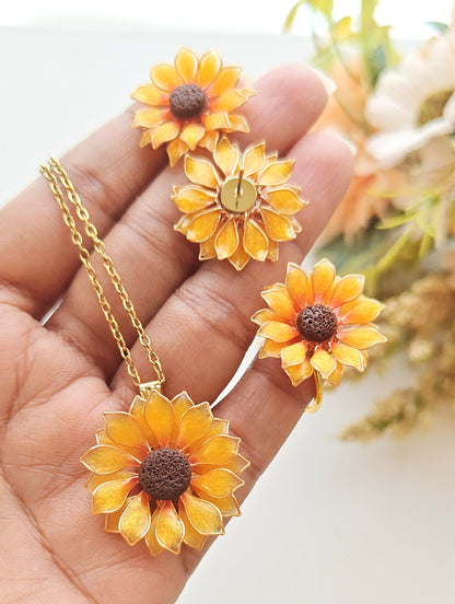 Sunflower Pendant Necklace Studs Ring and Hair Piece
