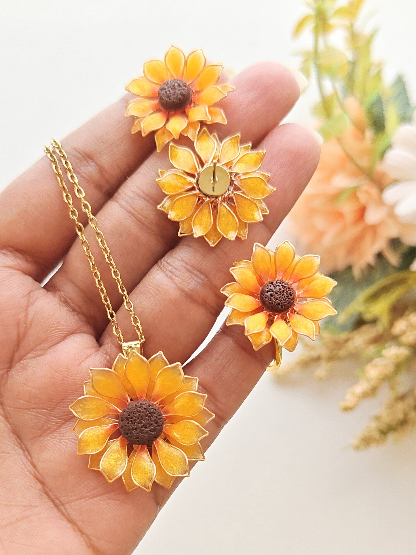 Sunflower Pendant Necklace Studs Ring and Hair Piece