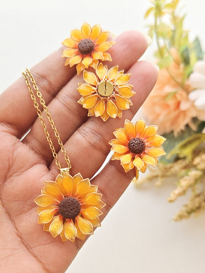 Sunflower Pendant Necklace Studs Ring and Hair Piece