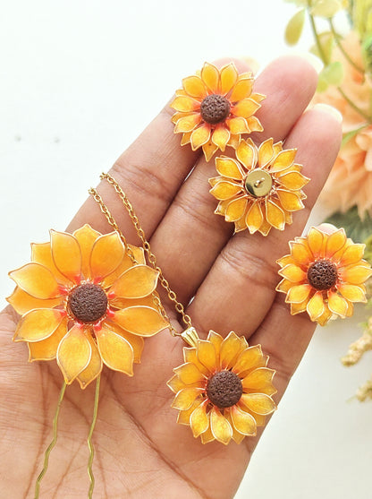Sunflower Pendant Necklace Studs Ring and Hair Piece