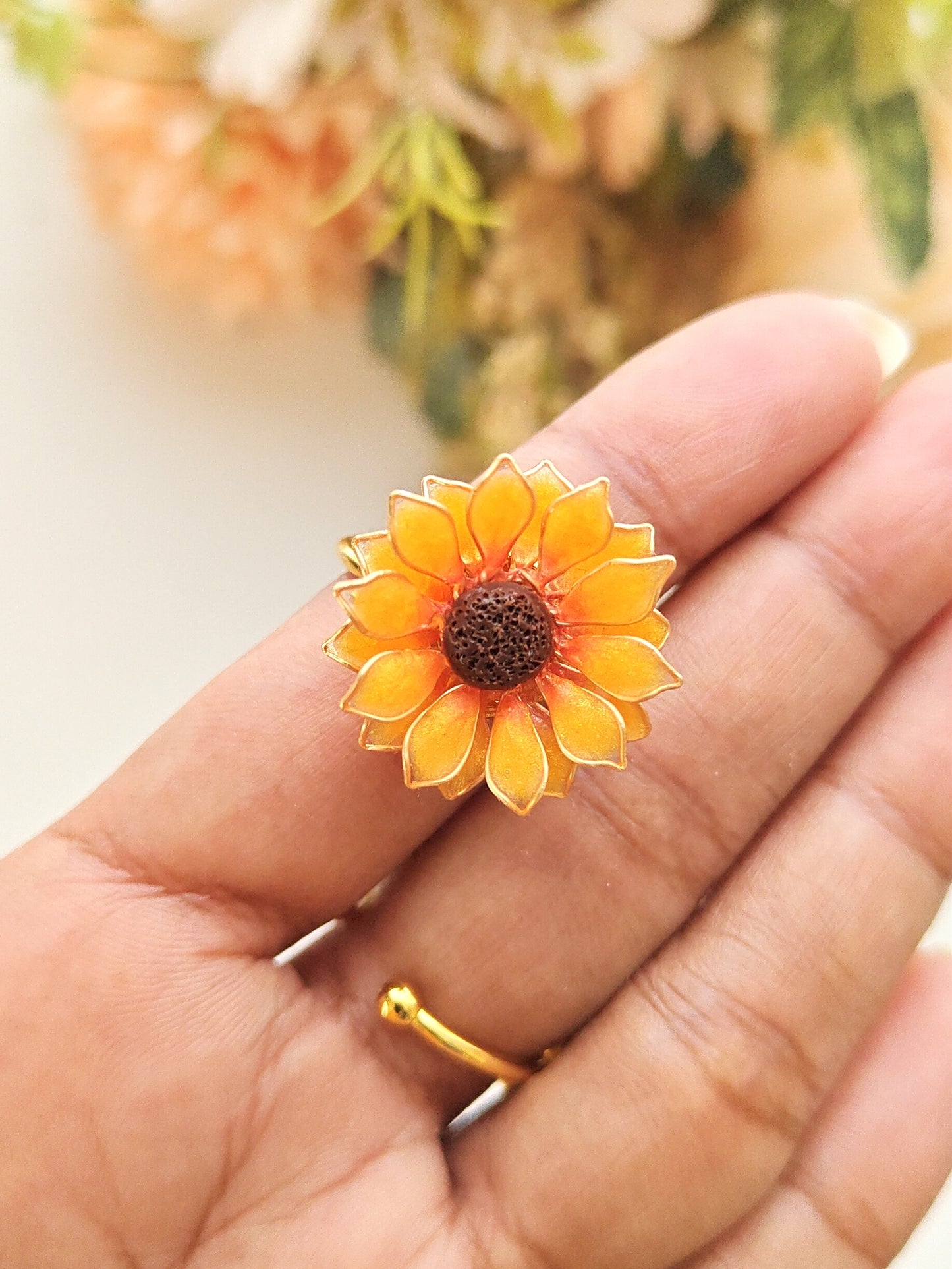 Handmade Sunflower Resin Ring Adjustable Floral Ring
