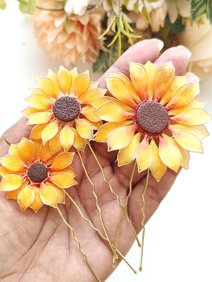 Set of 3 Hair Pins - Handmade Sunflower Hair Accessory Hair Pins