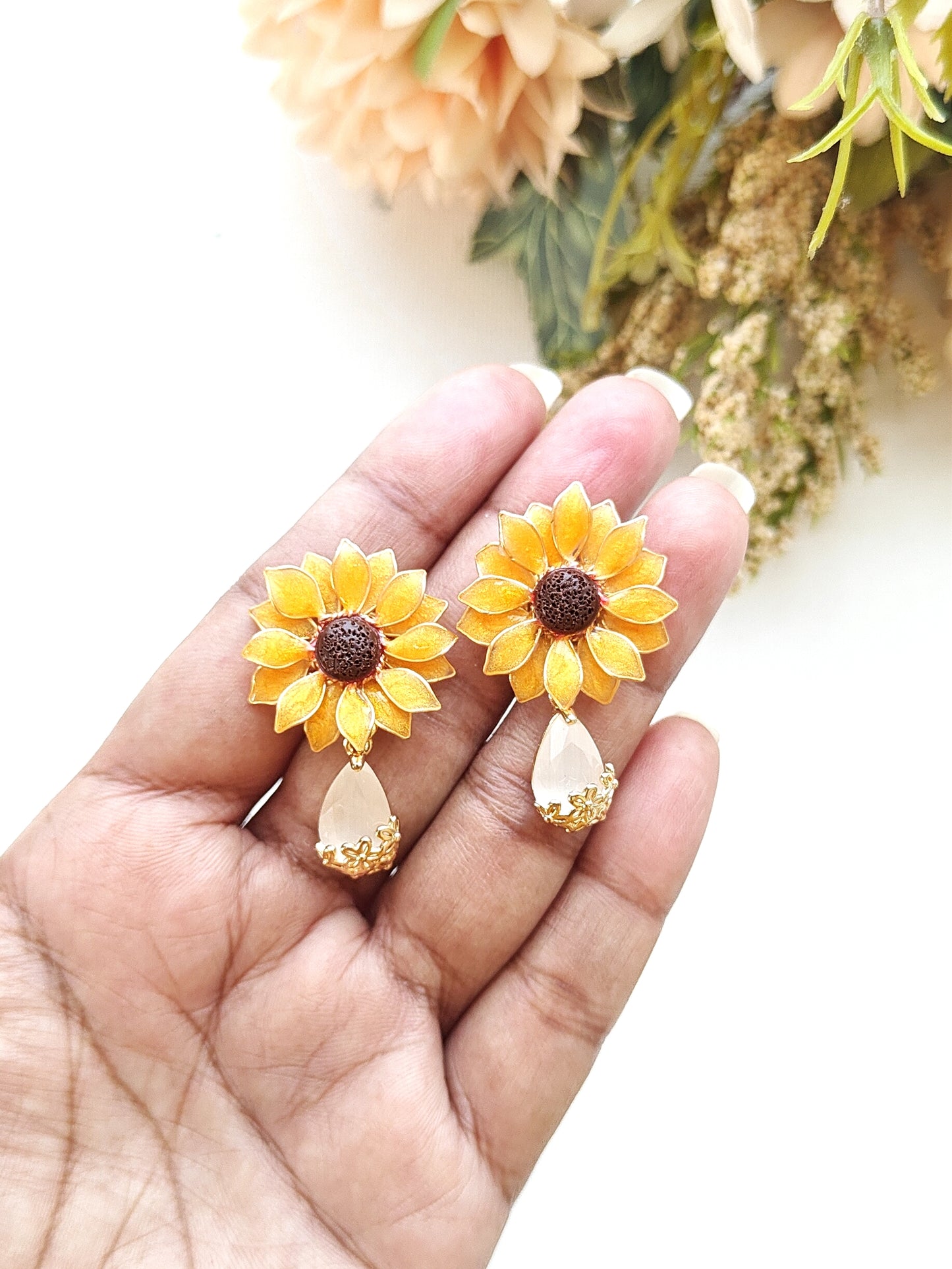 Sunflower Dangle Earrings Handmade Resin Flower Earrings
