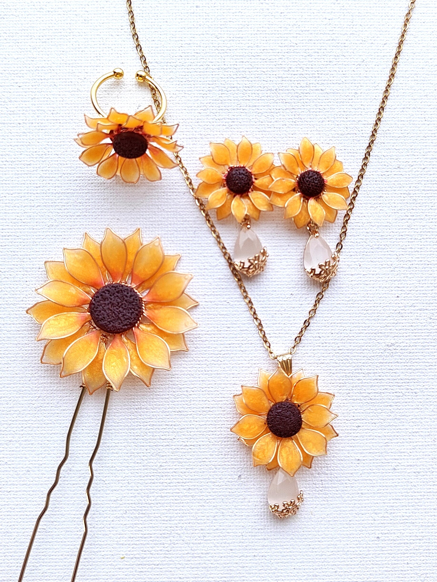 Sunflower Pendant Necklace Dangle Earrings Ring and Hair Piece