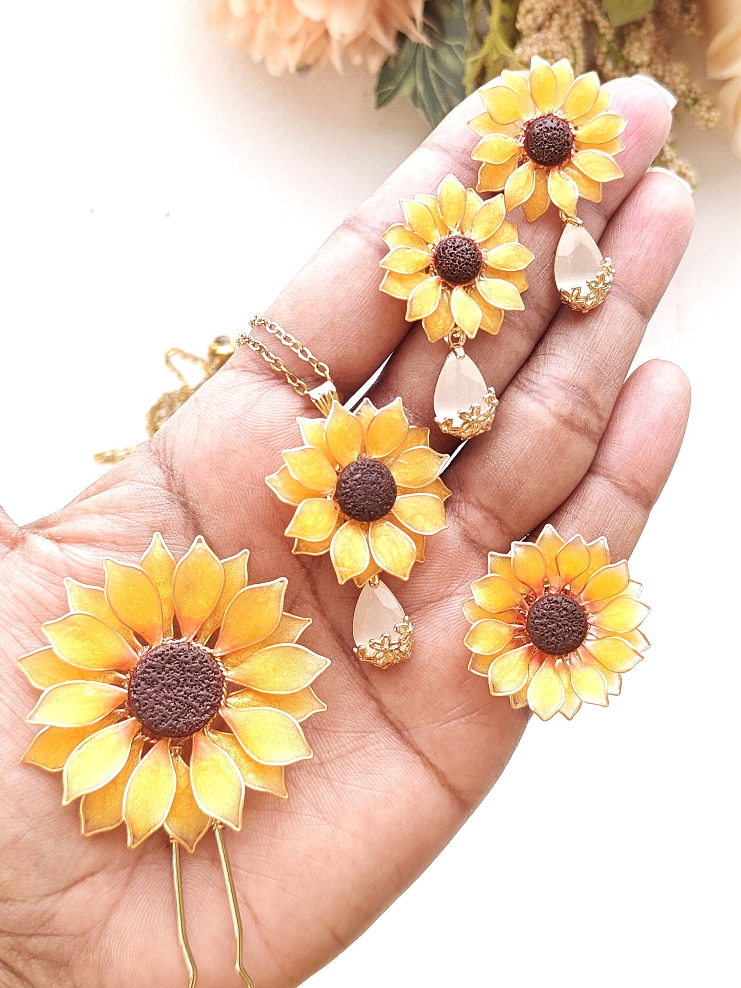 Sunflower Pendant Necklace Dangle Earrings Ring and Hair Piece