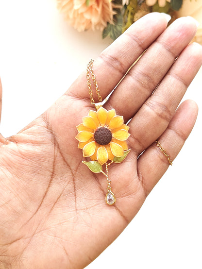 Handmade Sunflower Necklace Resin Jewellery with a Crystal Dangle