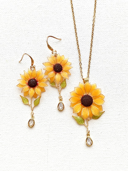 Sunflower Jewellery Set with Crystals and Leaves